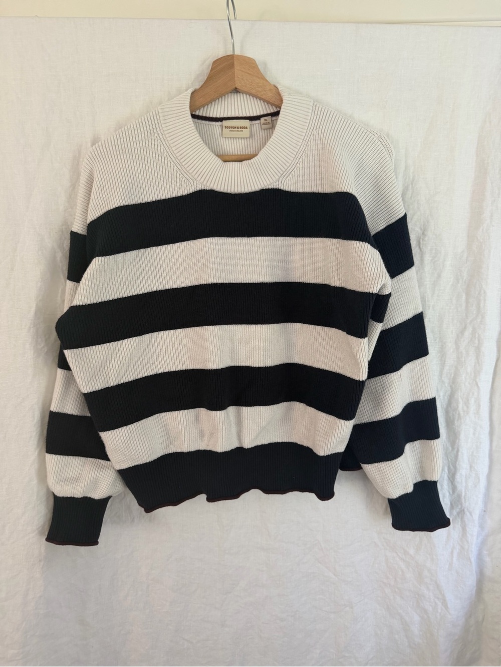 Scotch & Soda Amsterdam Cream/Black Striped Sweater Crew Neck Large